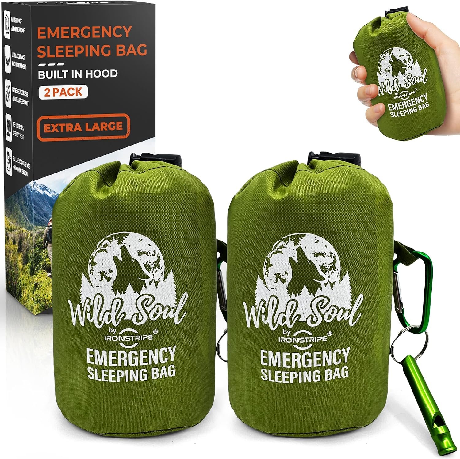 Ironstripe Bivy Sack XL Waterproof Survival Sleeping Bag with Emergency Whistle, Built-in Hood & Thermal Mylar – Tear & Puncture-Resistant