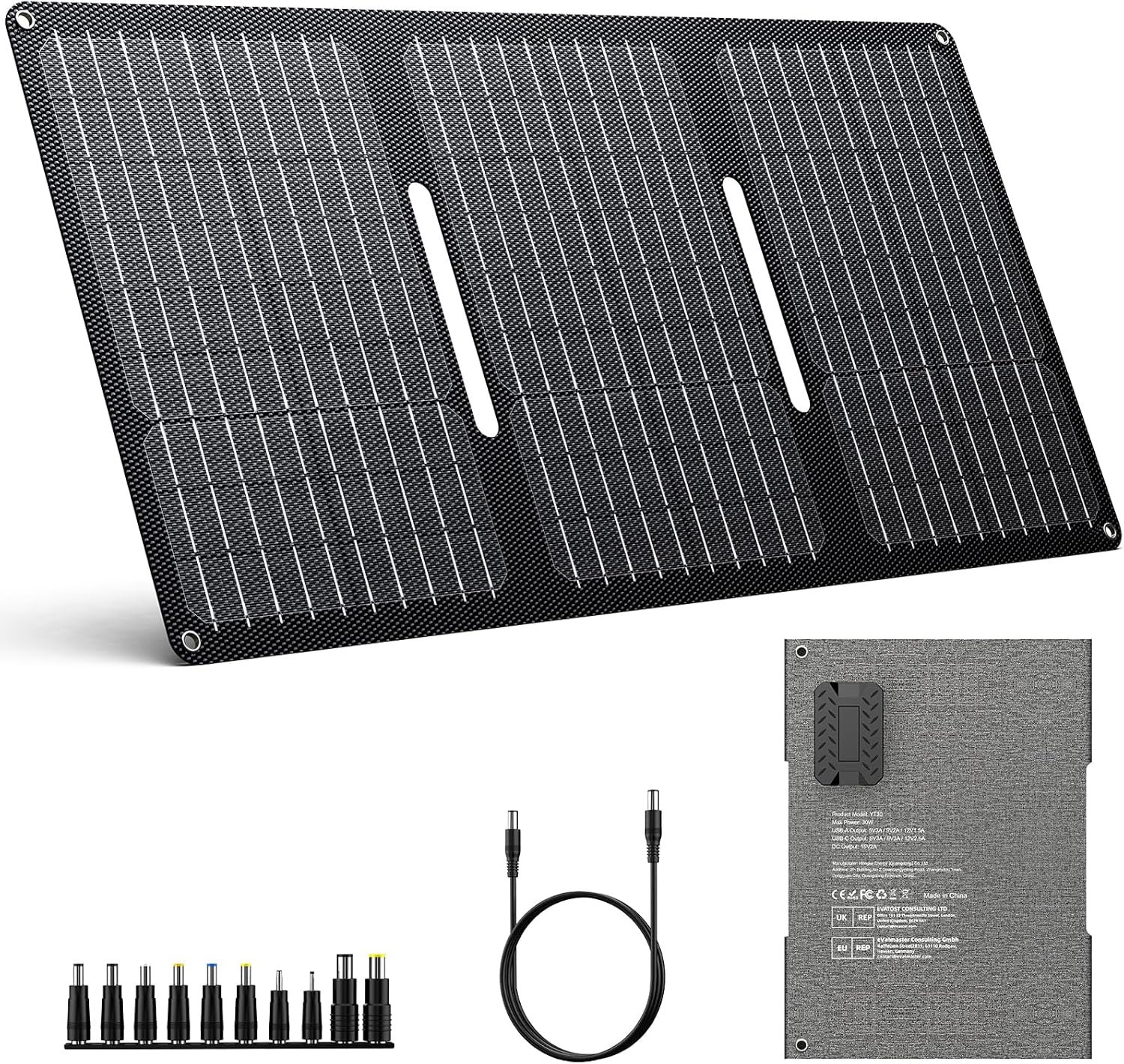 ENOFLO 30W Solar Panel Charger YT30 Foldable Solar Panel IP65 Waterproof Solar Charger with QC3.0 USB & DC Output(10 Connectors) 24% High Efficiency for Outdoor Camping