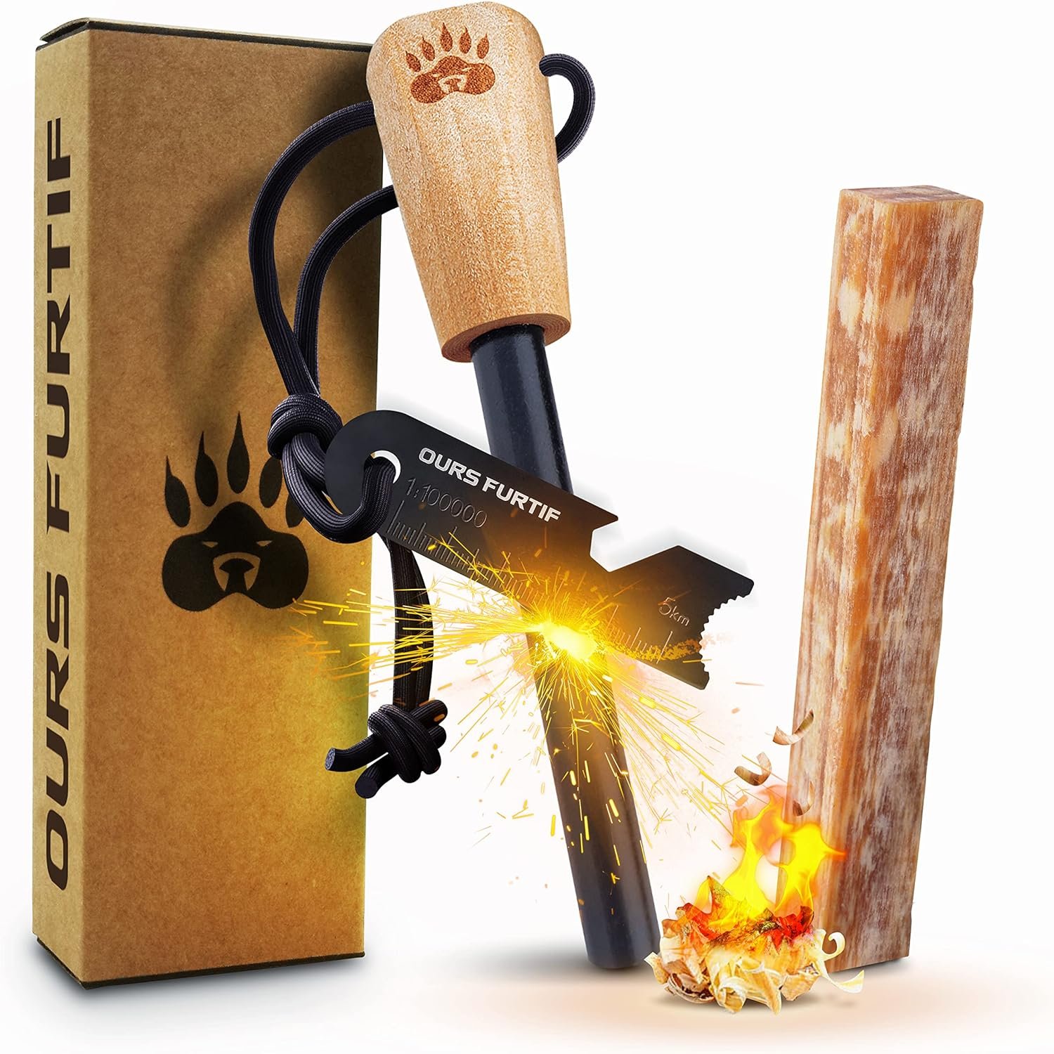 Ferro Rod Fire Starter Kit with Fatwood Tinder Stick – 3/8″ Thick Ferrocerium Flint and Steel Fire Starter, Multi-Tool Striker & Pouch – Survival Fire Steel for Camping, Bushcraft & Emergency