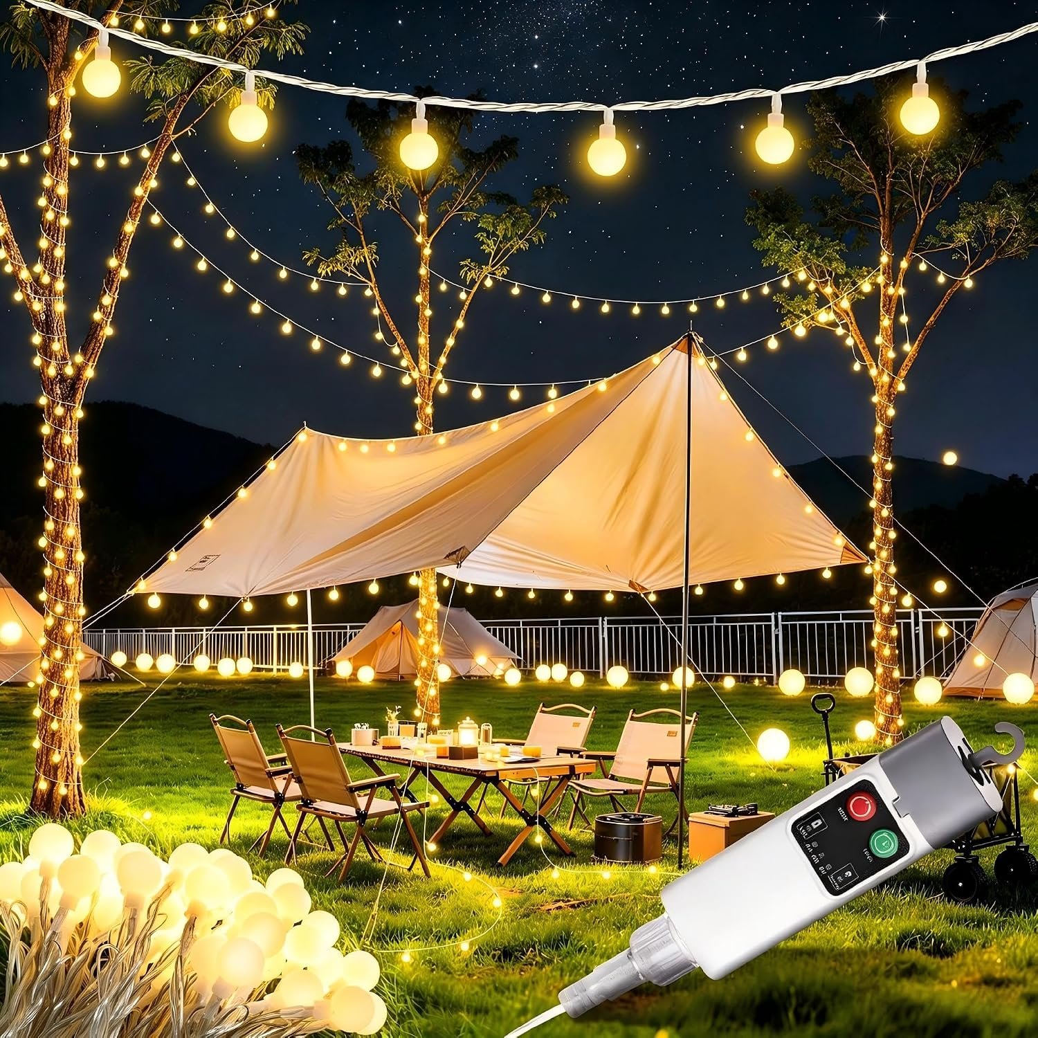 Joomer Rechargeable Camping String Lights, 33FT 100LED Waterproof Globe Lights with Timer and 13 Modes, Portable Tent Lights for Camping, Hiking, Outdoor Decoration (Warm White)