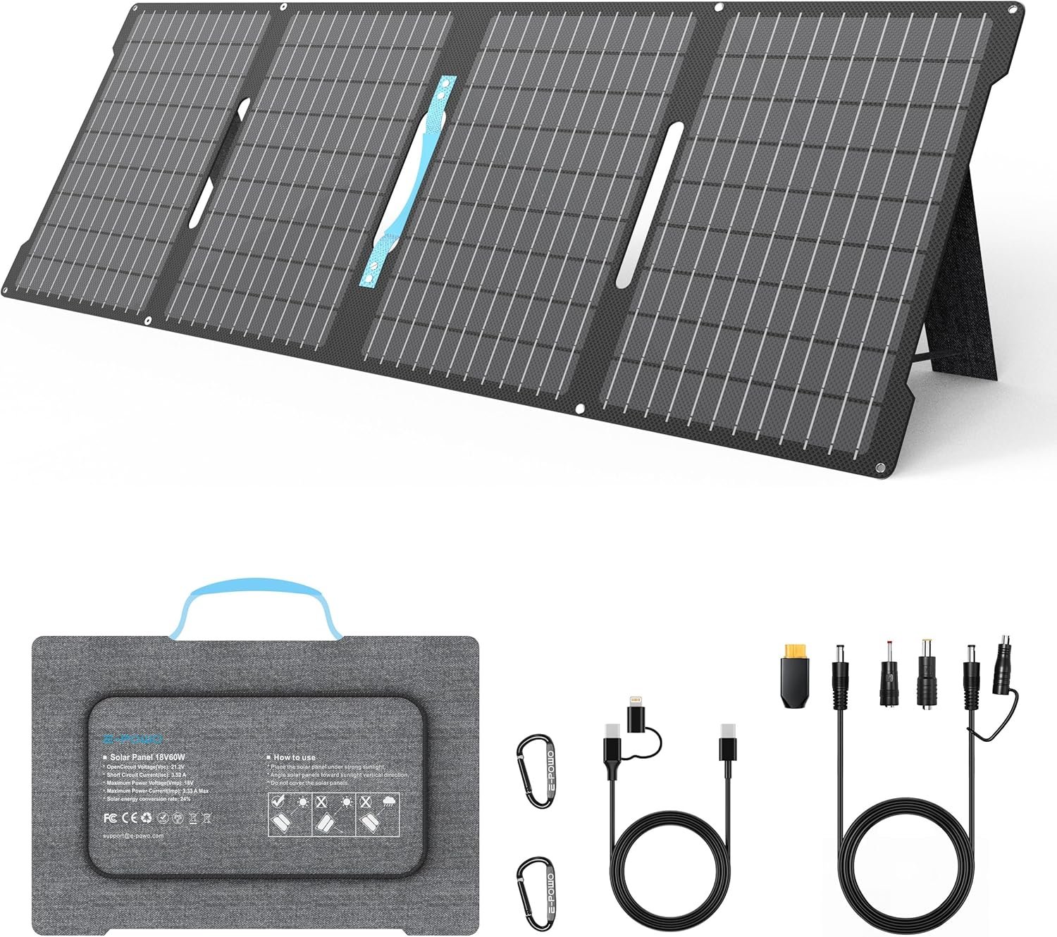 60W Portable Solar Panels Chargers with USB-C, USB-A and DC Outputs Foldable IP67 Waterproof Solar Panel for Camping,Power Emergency for Small Power Station,Phones, Power Banks